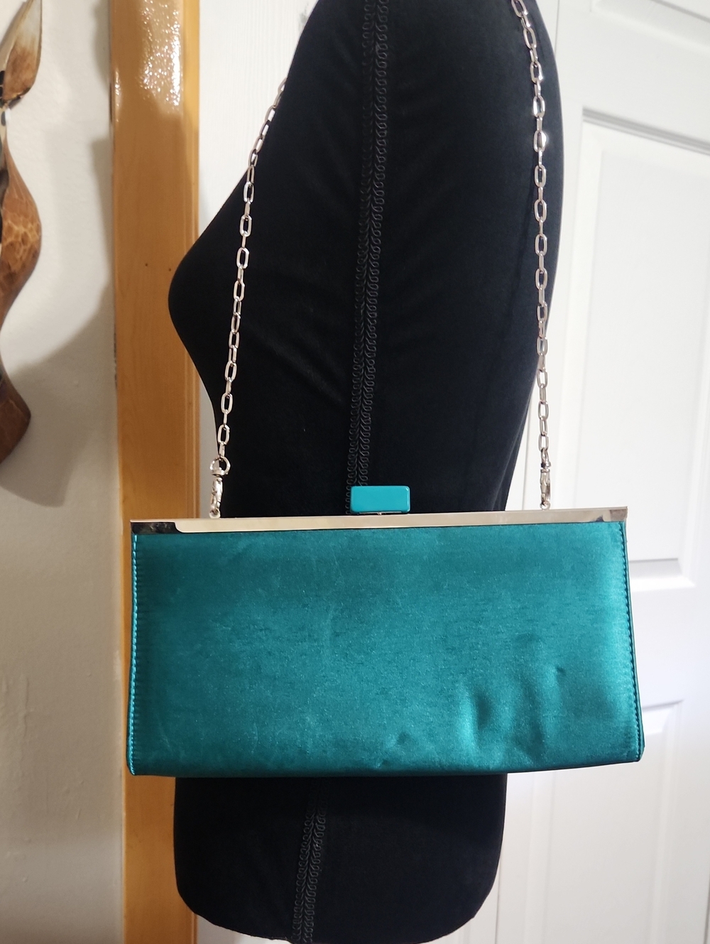 Bandolino Teal Satin Evening Clutch with Silver Hardware